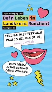 Flyer mit Emojis und Icons zur Jugendbefragung 2025 und einem Schriftzug: "Teilnahmezeitraum 15.02.-31.03. www.jb-25.de"