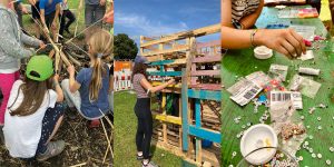 Collage mit verschiedenen Ferienaktionen: Stockbrot machen, Holzhüttenbau, Perlenketten basteln