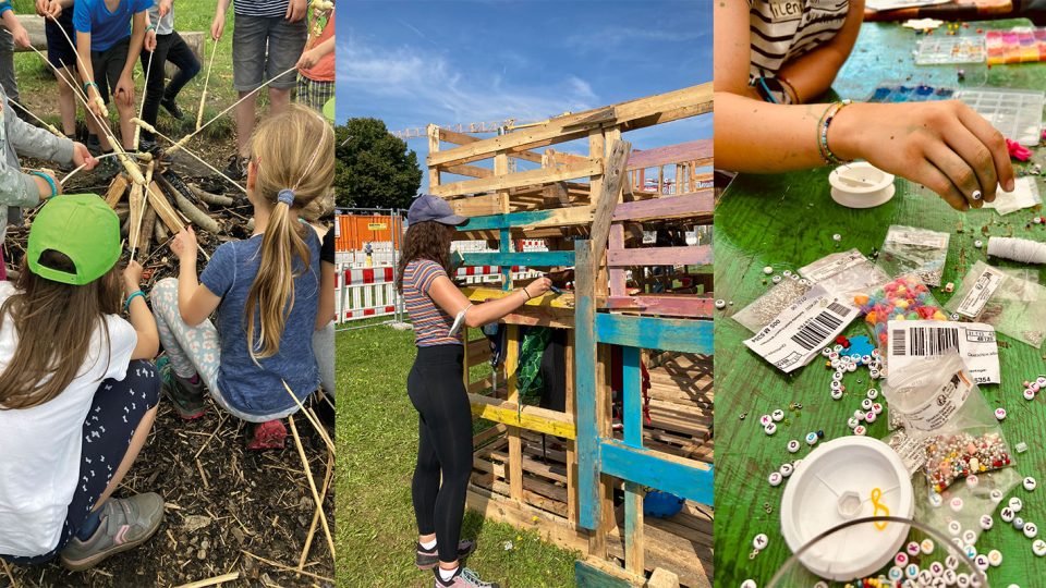 Collage mit verschiedenen Ferienaktionen: Stockbrot machen, Holzhüttenbau, Perlenketten basteln